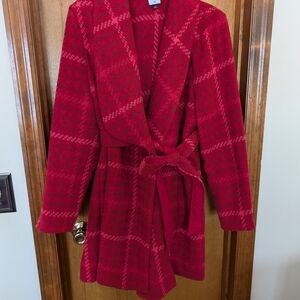 CAbi Red Plaid Pea Coat with Belt